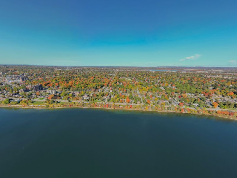 Bird's eye view of the Kempenfelt Bay north shore between Kempenfelt Park in the west to Nelson Square in the east.