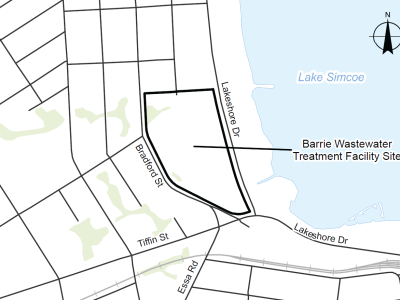 The image shows a map of the location of the Barrie Wastewater Treatment Facility Site on Lake Simcoe, with a north arrow pointing up at the top of the image. The surrounding roads are shown in simple black lines. Bradford Street is labeled on the west side of the facility and Lakeshore Drive on the east side. Other streets labeled include Tiffin Street and Essa Road. A Key Map shows the location in red within the context of the limits of the whole of the City of Barrie.